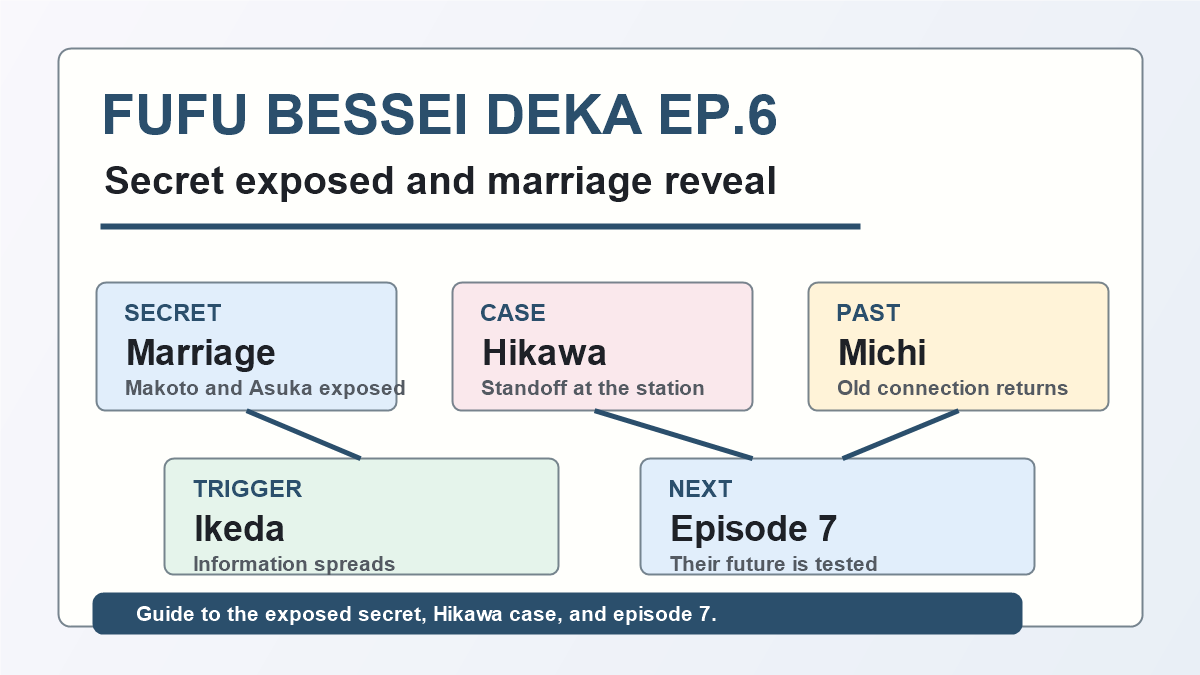 夫婦別姓刑事第6話の秘密発覚と誠と明日香の結婚バレを示した図解