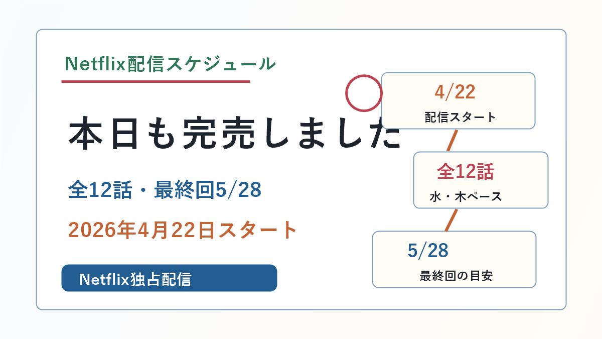 本日も完売しましたのNetflix配信開始日、全12話、最終回5月28日を示すアイキャッチ
