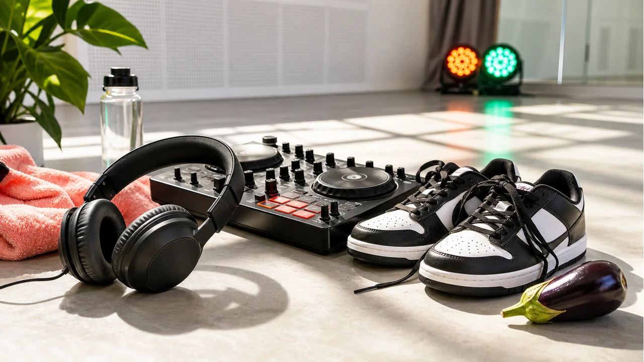 ヘッドホンとDJ機器とダンスシューズを並べたRINの音楽活動イメージ