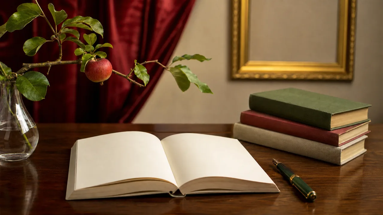 白紙のノートと本、万年筆、りんごの枝を配したオリジナルビジュアル