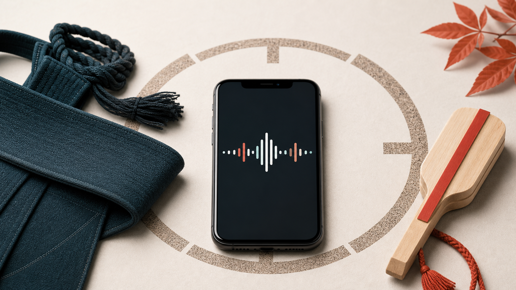 相撲の円形モチーフと音声波形を表示したスマートフォンで富栄ドラムの役柄を表したイメージ