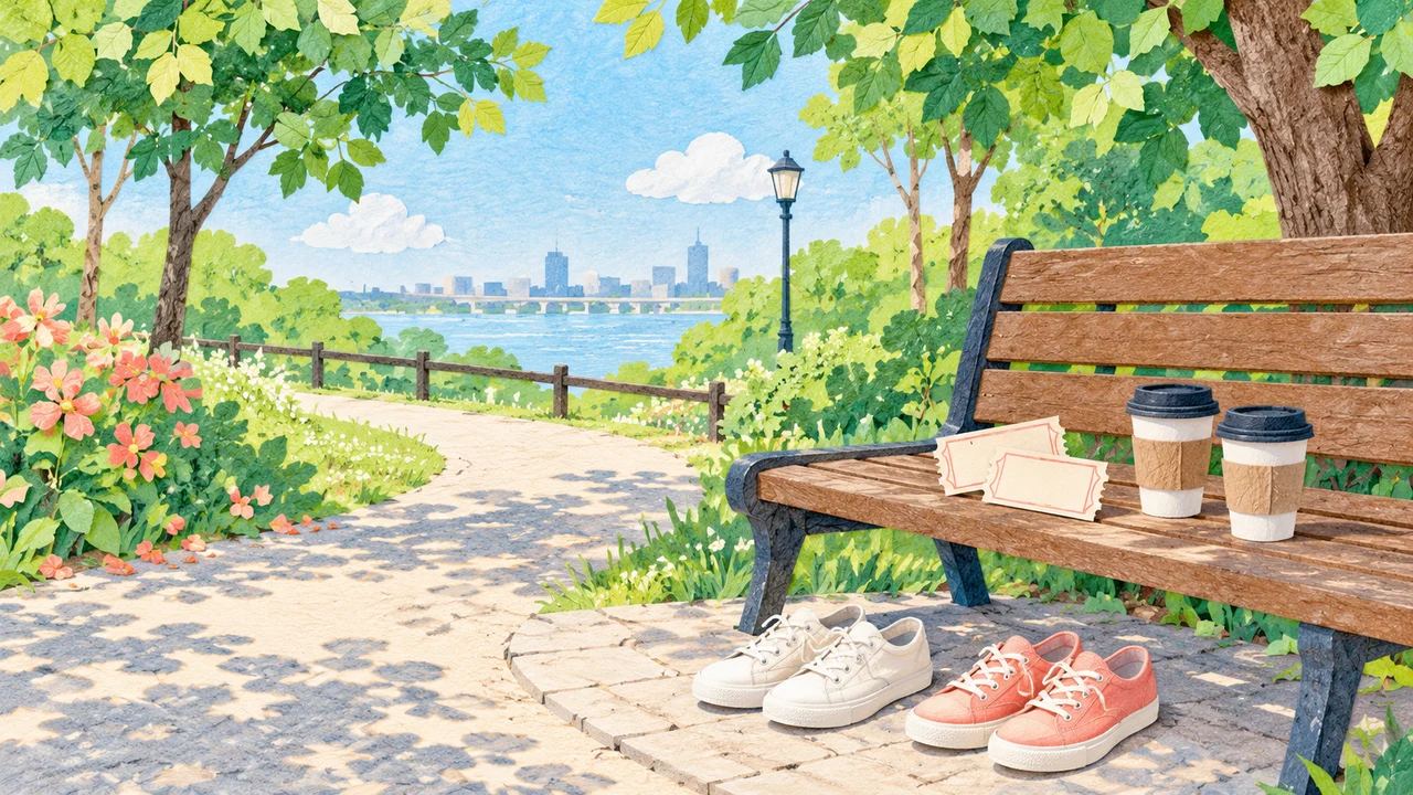 二つのカップと並んだ靴で友人同士の時間を表したオリジナル挿絵。実際の外出先ではありません