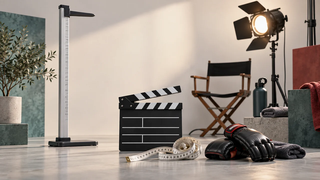 身長計と映画用カチンコとトレーニンググローブを並べたスタジオセット