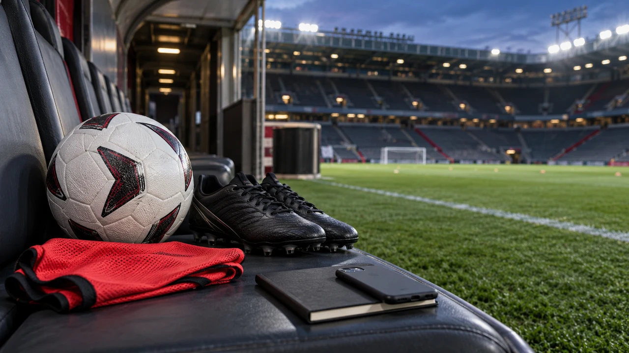 サッカーボールとスパイク、伏せたスマートフォンを置いたスタジアムのベンチ