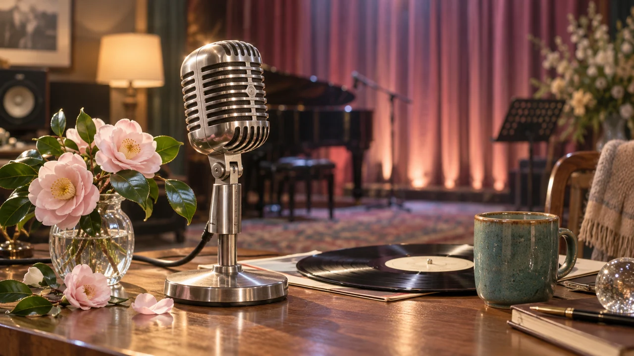 ステージマイクとレコード、淡いピンクの花を置いた音楽室