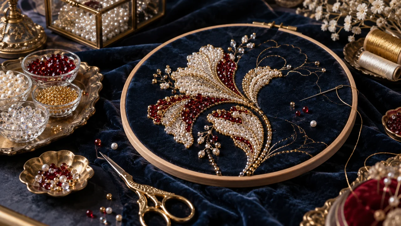 深い青の布に赤・白・金のビーズで花を刺繍している作業台