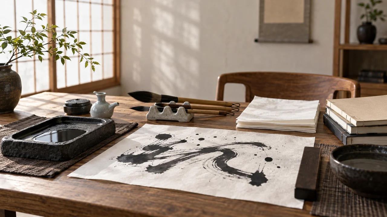 筆と硯と墨の濃淡が美しい書道家の作業机