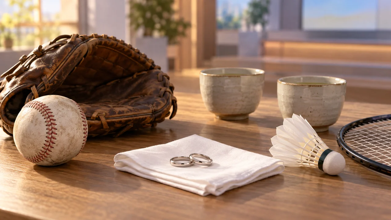 木製テーブルに置かれた野球ボールとグローブ、バドミントンのラケットとシャトル、二つの湯飲みと結婚指輪