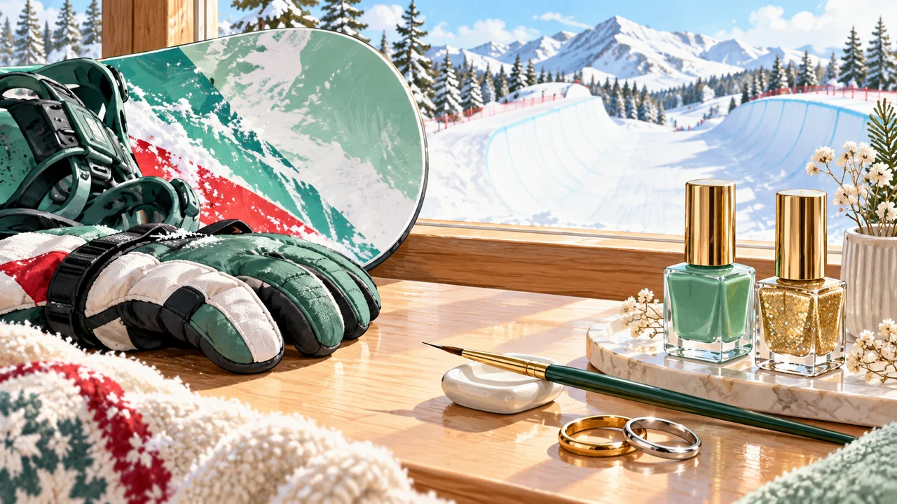 雪のハーフパイプを望む窓辺に置いたスノーボード、ネイル道具と二つの指輪
